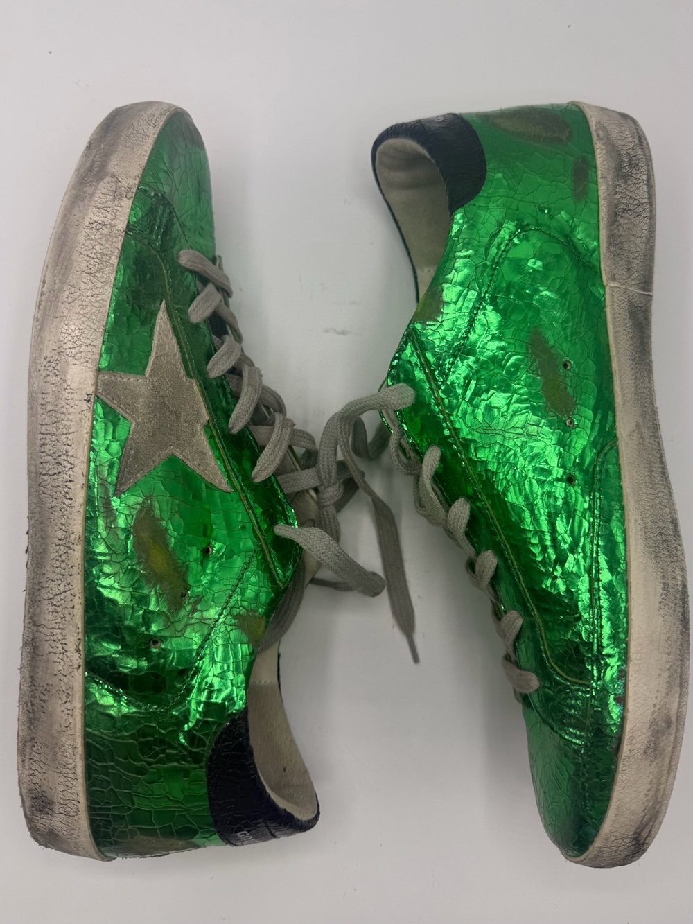 Golden Goose Shamrock Green Crinkled Metallic Superstar Low Top Sneakers EU 41